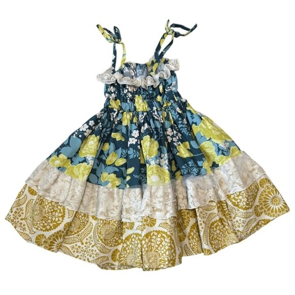 Magpie & Mabel Girls Floral Tiered Sundress 6 Blue Yellow Lace Trim Tie Straps - Picture 4 of 6